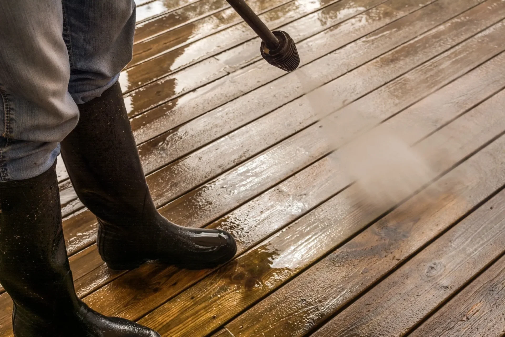 A person wearing rubber boots and holding a mop.